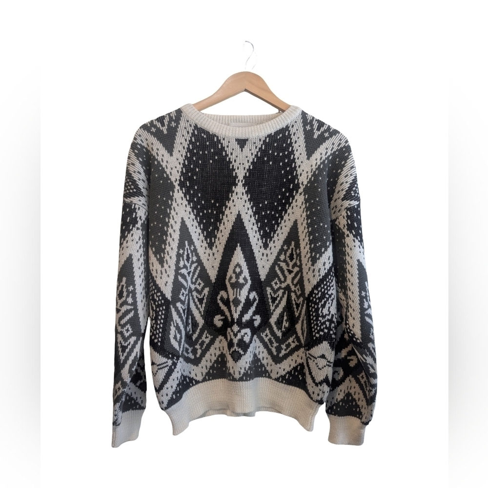 90s Vintage Olive, White And Black Knit - Ramie Blend, Size L/XL